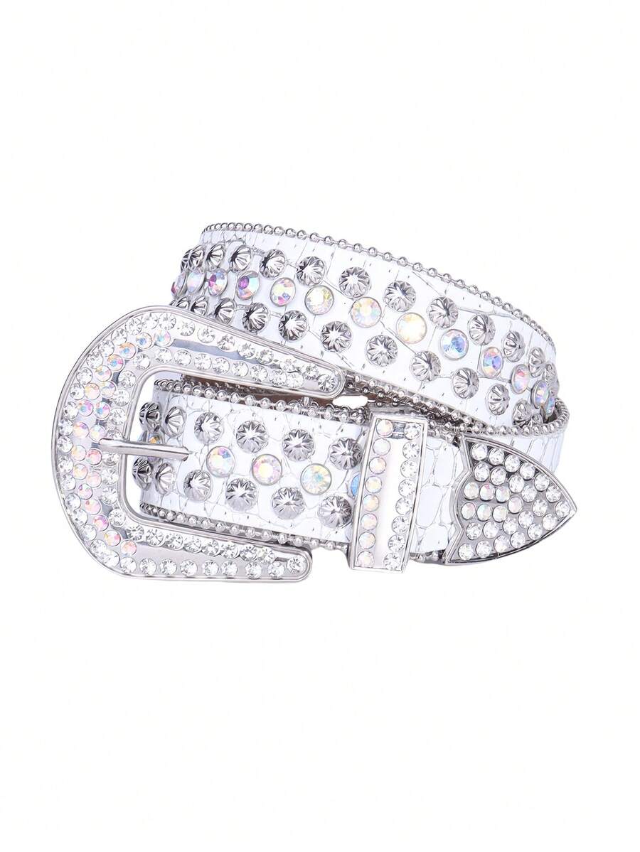 男女通用水钻装饰腰带，西部风格牛仔腰带，适合男孩女孩 - 白色 - 查看 1