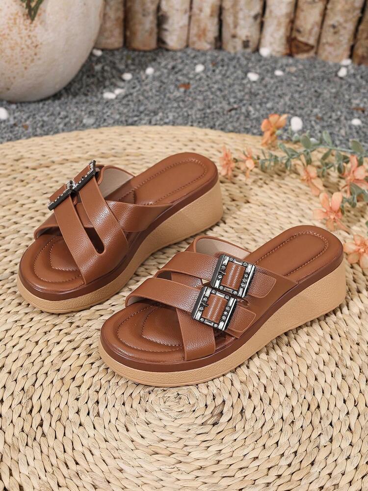 1 Pair Teenage Girls' Summer Straw Thick Platform Sandals, Casual Woven Strap Design, Comfortable Breathable Brown Sandals, Suggest Ordering One Size Up - Brown - View 6