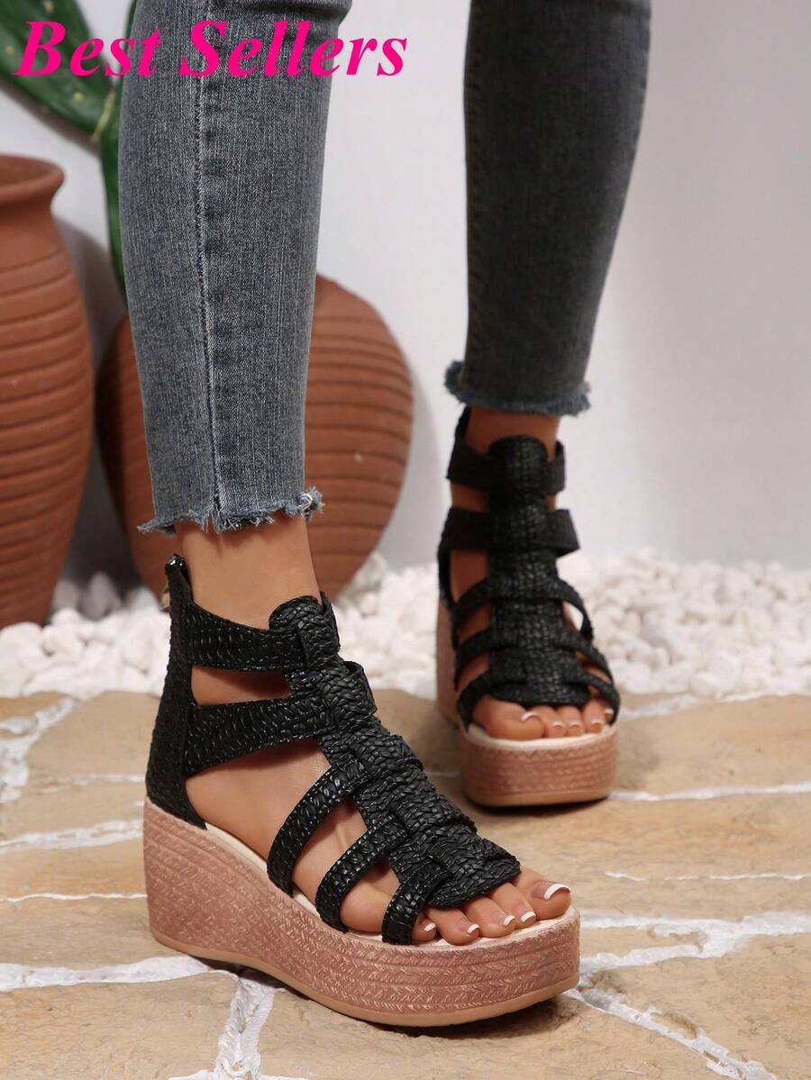 Women's Solid Color Buckle Thick Sole Casual Sandals, Brown PU Wedge Heel Open Toe Sandals, Summer - Black - View 1