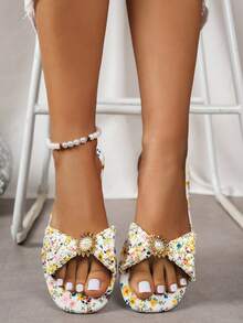 Giày sandal buộc nơ họa tiết hoa kiểu Pháp dành cho nữ, giày cao gót đế vuông dày dặn mới cho mùa hè, phong cách đồng quê cho kỳ nghỉ, không thể thiếu cho các buổi hẹn hò và tiệc tùng. - Màu sắc - Xem 3