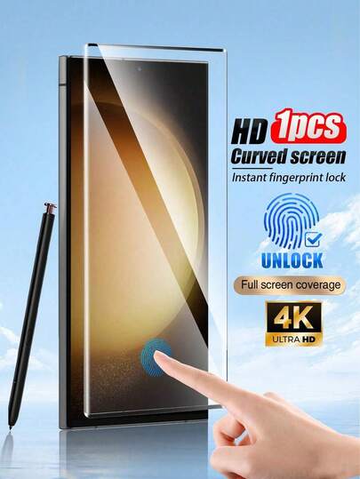 Fingerprint Unlock High-Definition Screen Glass Protector, Curved Fit, Anti-Scratch, Anti-Shock, Full Protection, For Galaxy S21/S22/S23/S24Ultra/S24FE/Galaxy S25 Ultra/S25/S26 Ultra/S26Plus/S26, Essential Screen Protector For Daily Shield, Office, Home