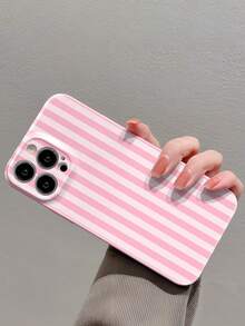 1 pièce Étui de téléphone minimaliste rose et blanc rayé, brillant, filmique et perforé. Compatible avec iPhone 11/12/13/14/15/16 Pro Max. Cadeau de printemps et de Pâques - Multicolore - Voir 3