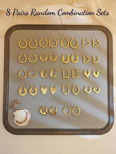 8对随机组合女士耳环套装，金色耳环，防水防褪色不锈钢首饰，不规则椭圆形和心形复古首饰，夏季海滩度假泳装配饰，女士白色T恤，女士黑色裤子，连衣裙，女士冬季服装，优雅女士连衣裙，女士白色衬衫