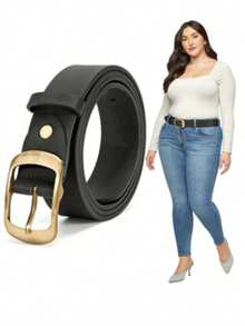 1pc Plus Size Women's Solid Color Minimalist Gold Buckle PU Leather Belt, Suitable For Pairing With Various Pants - Black - View 5
