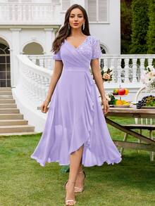 Đầm xòe thanh lịch bằng chiffon, cổ chữ V, phối ren, viền bèo nhún, thích hợp cho khách dự đám cưới và tiệc tối. - Màu tím hoa cà - Xem 2