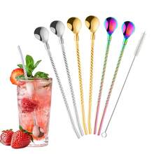 7pcs/Set 2-In-1 Stainless Steel Straw & Spoon Set, With Cleaning Brush, Durable Metal Straw Kit, Suitable For Bubble Tea, Milkshake, Juice, Coffee, Cocktail, Kitchen Party Bar Drink Accessories - View 1