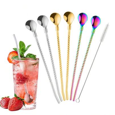 7pcs 2-In-1 Straws And Spoons With Cleaning Brush, Stainless Steel Spiral Straws, Durable Metal Straw Set With Cleaning Brush, Suitable For Milk Tea, Milkshakes, Juices, Coffee, Cocktails, Kitchen Party Bar Drinking Additions