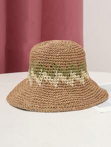 1顶女士休闲镂空草编渔夫帽，百搭夏季沙滩遮阳帽 - 彩色 - 查看 2