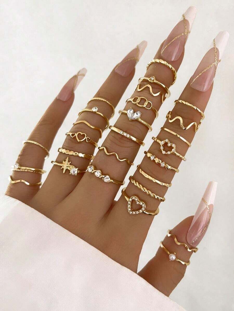28pcs/Set Fashionable Ring Set With Heart Shaped Design, Geometric Style And Bohemian Element Accent - 金色 - 查看 1