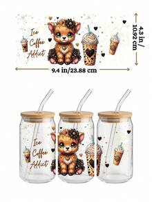 4pcs/Set 16oz Glass Cup Wrap UV DTF Transfer Sticker (9.4x4.3in) No Heat Needed, Aesthetic Coffee Love Language Brown Heart Graphic, Western Highland Cow Sunflower Leopard Print Ice Coffee Addict Decal, Waterproof Rub On Sticker For Libbey Can Tumbler DIY Gift - 2Coffee 02 - View 5