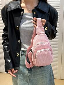 Mini Solid Color Minimalist Luxury Corduroy Leopard Print Chest Bag - Pink - View 4