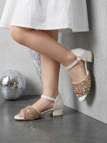 1 Pair Girls' High Heel Sandals, Sparkling Rhinestones, Open Toe Children's Sandals With Pendant Buckle, Girls' Chunky Heel Sandals, Suitable For Weddings, Parties, Birthdays, Holidays - Gold - View 3