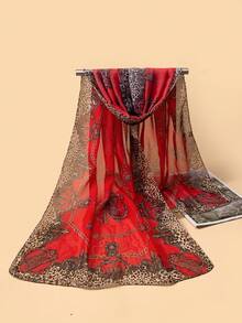 1pc Lightweight Chiffon Printed Scarf, Sun Protection & Decorative Shawl,Beach,Holiday - Red - View 2