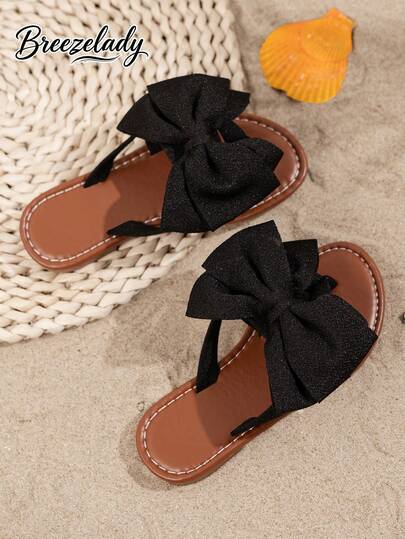 Bow-Knot Beach Flip-Flops For Girls, Summer Flat Casual Sandals, Beach Vacation Style, Flip-Flops