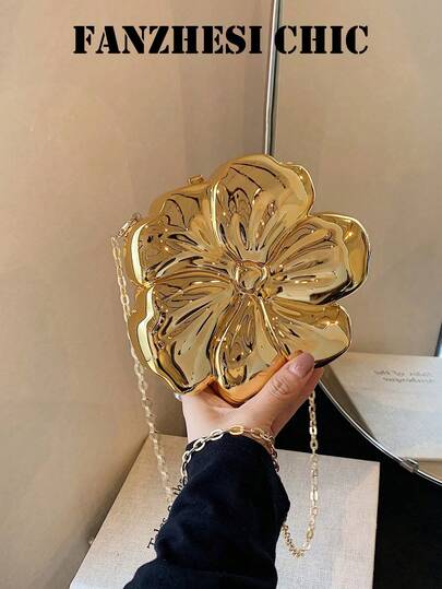 个性化小众设计迷你花卉包，甜美清爽风格，性感女孩包，链条包，斜挎钱包式包，纯色搭配金色花卉图案，女士晚宴包，采用亚克力材质，配有搭扣和单根顶部金属链，适合女士携带参加宴会和其他场合。