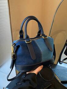 2026 New Contrasting Color Denim Handbag, Fashion Versatile Tote Bag, Unique Boston Shoulder Crossbody Bag For Women - Navy Blue - View 7