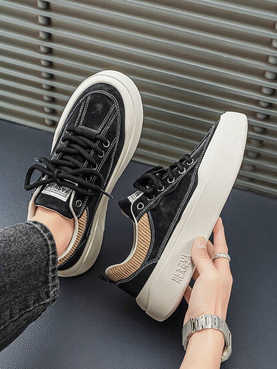 2026新款时尚百搭男士厚底休闲运动鞋，低帮鞋 - 黑色 - 查看 1