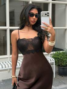 DEEKA Summer New Women's Fashion Sexy Asymmetric Lace Satin Dress, European And American Style Elegant - Brown - View 2