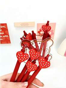 3支心形按压式圆珠笔，卡通设计，爱心文具笔，适合学生使用 - 3件紅色愛心筆 - 查看 3