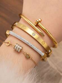 3 / 1pc High-Quality Stainless Steel Clover Zirconia Women's Bracelet Set, Fashion Clover Zirconia Women's Bangle Set, Fashion Women's Watch Jewelry Accessories, Can Be Layered Or Worn Individually, Fade-Resistant, Suitable For Daily / Holiday / Summer / Back To School / Wedding / Engagement, Various Occasions - Gold - View 7