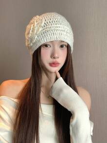1顶女士优雅闪亮亮片花卉图案手工钩编针织帽，保暖防风，适合冬季、日常出行、约会、购物、情人节、母亲节等场合，时尚针织帽，夏季、海滩皆宜 - 彩色 - 查看 2