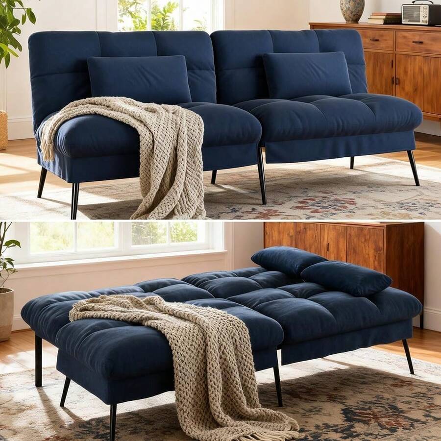 Convertible Futon Sofa Bed, 72″Fabric Futons Couch With Adjustable Backrest, Folding Sleeper Recliner For Living Room Furniture (Blue) - 藍色 - 查看 1