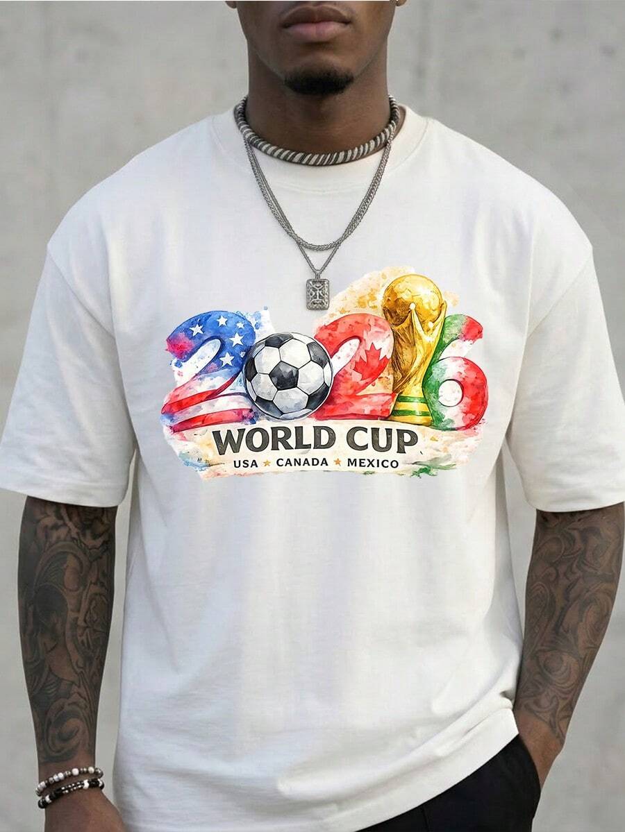 Men's FIFA World Cup 2026 Themed T - Shirt With USA Canada Mexico, Soccer Ball & Trophy Print - 100% Cotton, Breathable & Comfortable Essential For Cheering On Your Favorite Team - 白色 - 查看 1