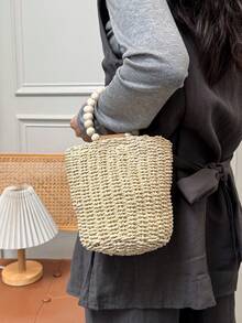 Túi xách nữ đan thủ công đính hạt, túi tote đi biển kiểu xô. - Màu be - Xem 5