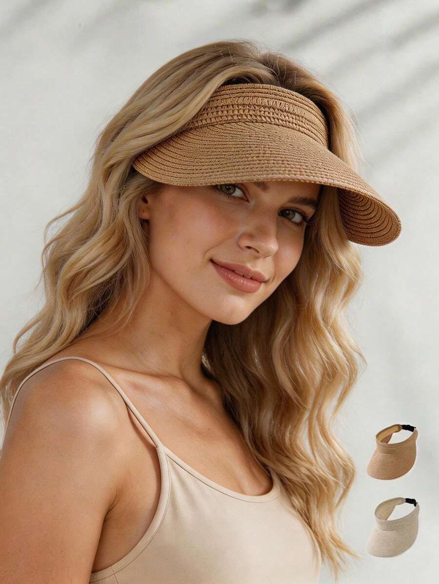 1 pieza Sombrero de paja de verano, adecuado para vacaciones en la playa, protección solar, atuendo casual, regalo del Día de la Madre - A - Ver 1