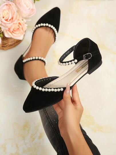 女士尖头平底鞋，珍珠装饰，镂空搭扣带，优雅时尚休闲百搭鞋