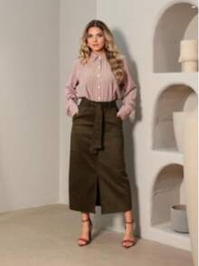 Premium Suede Midi Pencil Skirt With Sash Belt, Side Zipper And Front Slit, Suitable For Evangelical Fashion, Parties, Evenings, Church Services, Offices, And More. New Arrival. - 軍綠色 - 查看 3