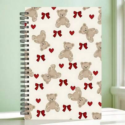 Adorable libreta espiral con oso de peluche y lazo rojo - Tamaño A5, cubierta de alta calidad y duradera, perfecta para la escuela, la oficina y como regalo para amigos, familiares, maestros y estudiantes. Útiles escolares, diseño alegre, material de papel premium