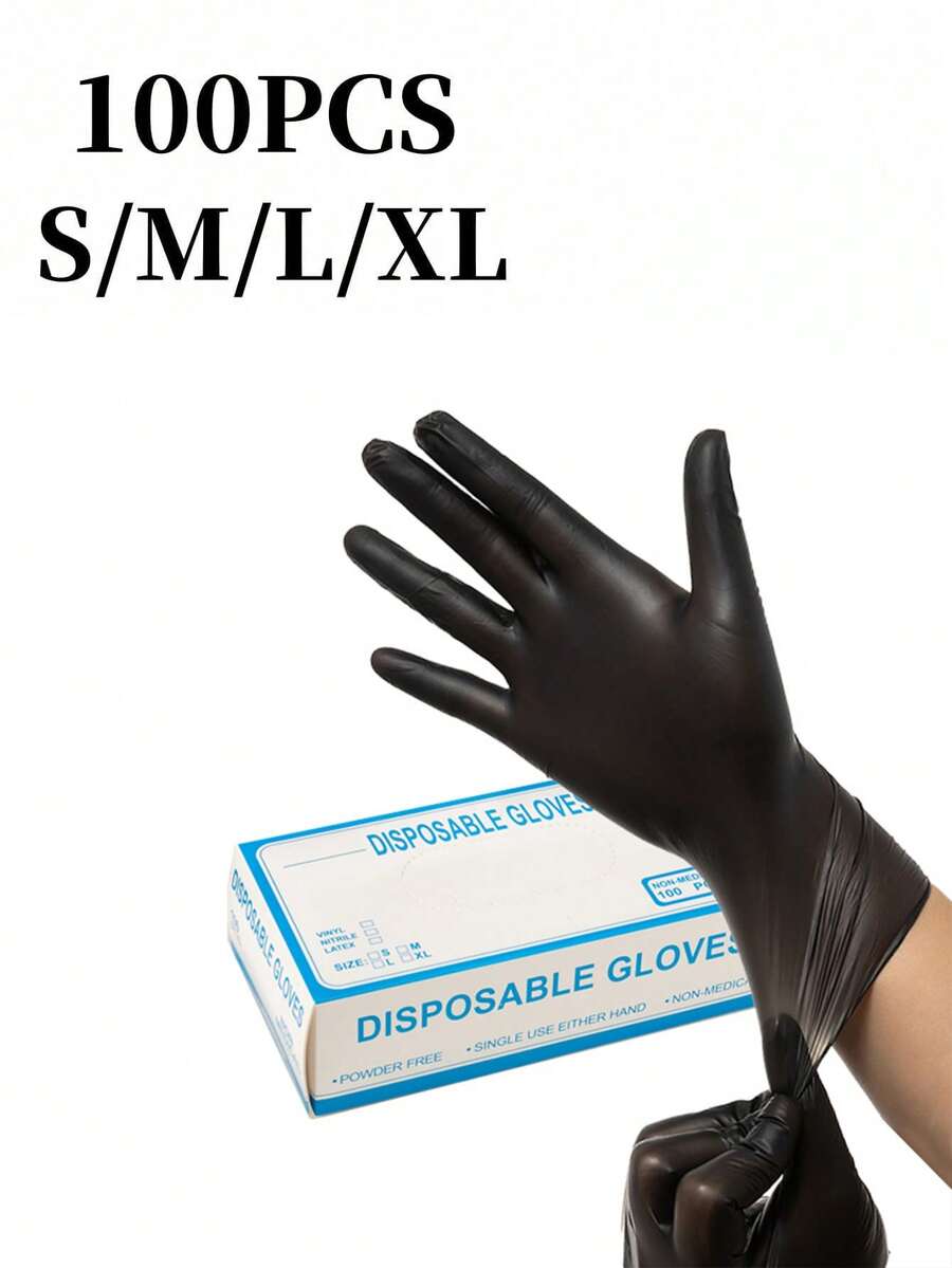 4/20/50/100 只一次性丁腈手套，耐用弹性多用途家用清洁防护罩，防水，适用于厨房、纹身、染发、沙龙、宠物护理（黑色）- 无粉，防水，左右手通用 - 黑色 - 查看 1