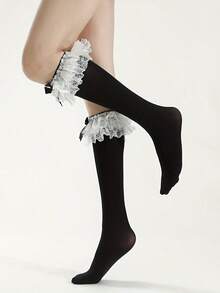 1双甜美高弹透明双层蕾丝蝴蝶结过膝袜，洛丽塔美学 - 黑色 - 查看 4