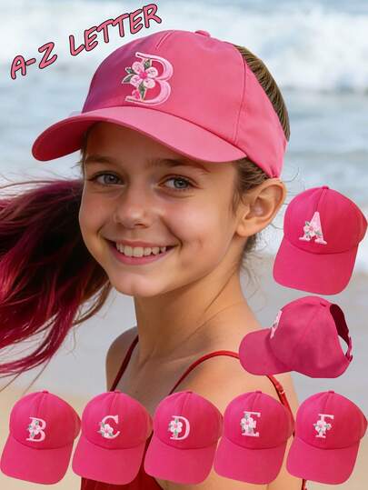 [Dynamic Ponytail] 1pc Girls' A - Z Floral Letter Pink Baseball Cap With Ponytail - Exposed Design, The First Choice For Eye - Catching Sun - Shading During Kids' Outdoor Activities