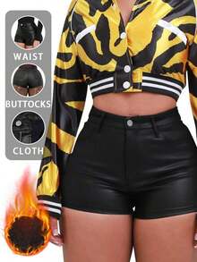 Women's Solid Color Metallic PU Leather Pocket Sexy Shorts Black Summer - 黑色 - 查看 6