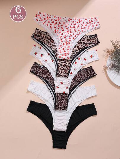 6pcs/Pack Women's Multicolor Ruched Elastic Bowknot Bikini Briefs