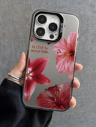 1 pieza Funda de teléfono creativa y de moda con patrón floral y de texto religioso de cinabrio espejado, adecuada como regalo para familiares, amigos, usted mismo, parejas, superficie plateada antideslizante, carcasa protectora suave compatible con iPhone 17/16/15/14/13/12/11/7/8/XR/XS/Plus/Pro/Pro Max y serie Galaxy S/A, regalo perfecto para fiestas