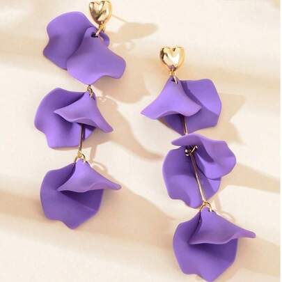 1 đôi bông tai dáng dài hình cánh hoa màu tím thanh lịch dành cho nữ, thích hợp đeo hàng ngày hoặc dự tiệc.