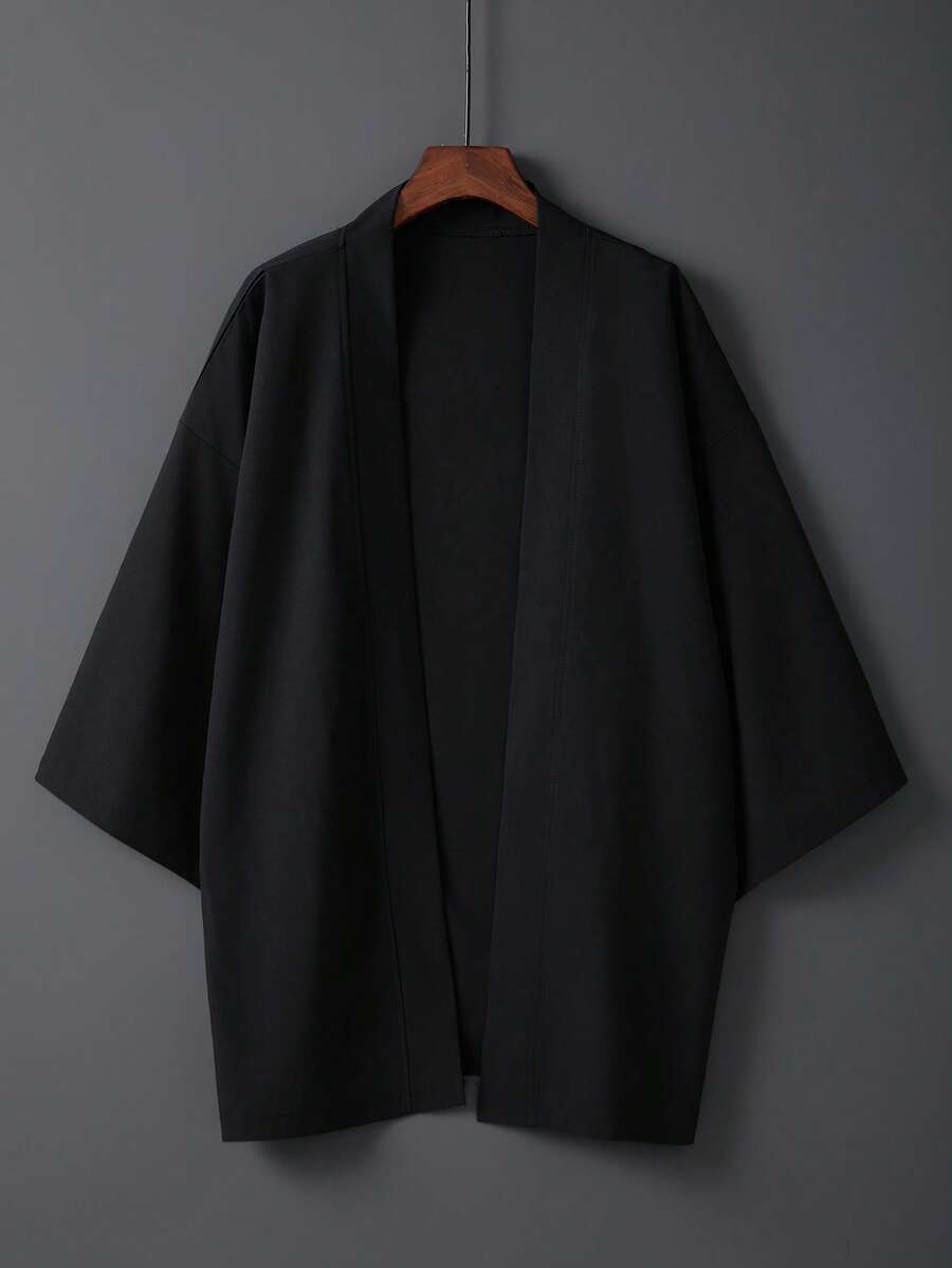 Vintage Japanese Style Solid Color Kimono Cover Up, Casual Loungewear Robe, Lightweight Summer Beach Vacation Loose Cover-Up, Suitable For Swimsuit/Bikini Spring Black - Black - View 1