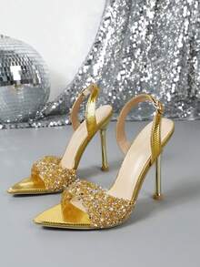 High Heel Fashionable Pointed Toe Metal Sandals, Casual For Daily Wear In Summer - Gold - View 15