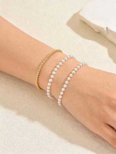 3Pcs/Set Golden Bead & Faux Faux Pearl Bracelet, Versatile Stackable Elastic Bracelet Set, Mix & Match Layering Jewelry For Women