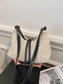 1pc Summer Beach Woven Shoulder Tote Bag, Straw Handbag For Women With Dual Shoulder Straps - Black - View 5