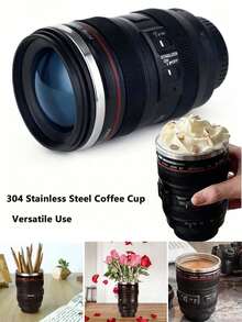 400ml Stainless Steel Travel Coffee Mug With Lid, Camera Lens Shaped, Black Couple Design, Ideal Gift For Photography Enthusiasts - Black - View 9