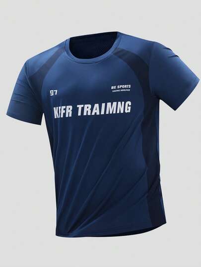Men's Crew Neck Outdoor Casual Letter Print Color-Block Sports Short Sleeve T-Shirt