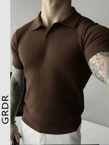 GRDR Men's Summer Airplane Collar Ribbed Solid Color Short Sleeve Knit Sweater, Suitable For Summer Outings, Essential For Fashionable Styling - Brown - View 11
