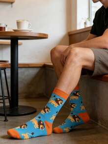 1双男士蓝橙撞色卡通狮子图案中筒袜，适合日常穿着，四季皆宜。 - 彩色 - 查看 3