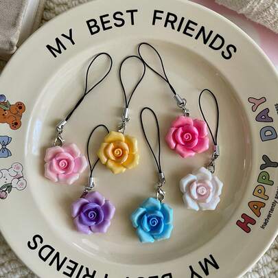 6pcs Gold-Plated Flower Rose Resin Pendant Phone Lanyard, Phone Charm, Cute Phone Accessory, Soft & Lovely Phone Hanging Decoration For Bag, Gift For Girlfriend, Applicable To Phone, Camera, Backpack