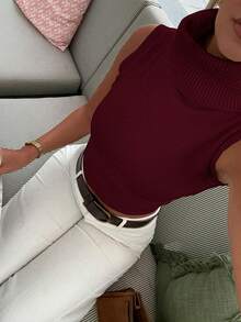 Fashionable Solid Color Turtleneck Sleeveless Knit Top Summer - Burgundy - View 2