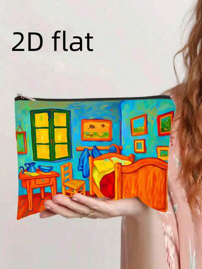 1pc Van Gogh "Bedroom" Style Cosmetic Bag, 1pc Zipper Fashion Wallet, 1pc Snack Bag For Work, 1pc Skincare Storage Bag, 1pc Double-Sided Printed Pattern Cosmetic Bag